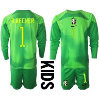 Brasilien Alisson Becker #1 Torwart Fußballbekleidung Auswärtstrikot Kinder WM 2022 Langarm (+ kurze hosen)